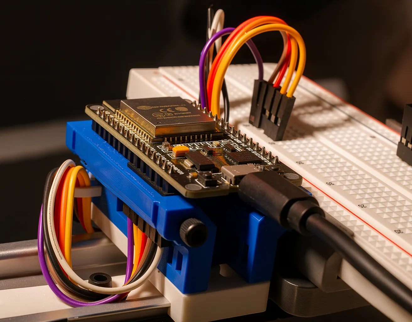Close-up of an ESP32 mounted beside a breadboard on a blue DIN-rail carrier, with USB and Dupont wiring connected.